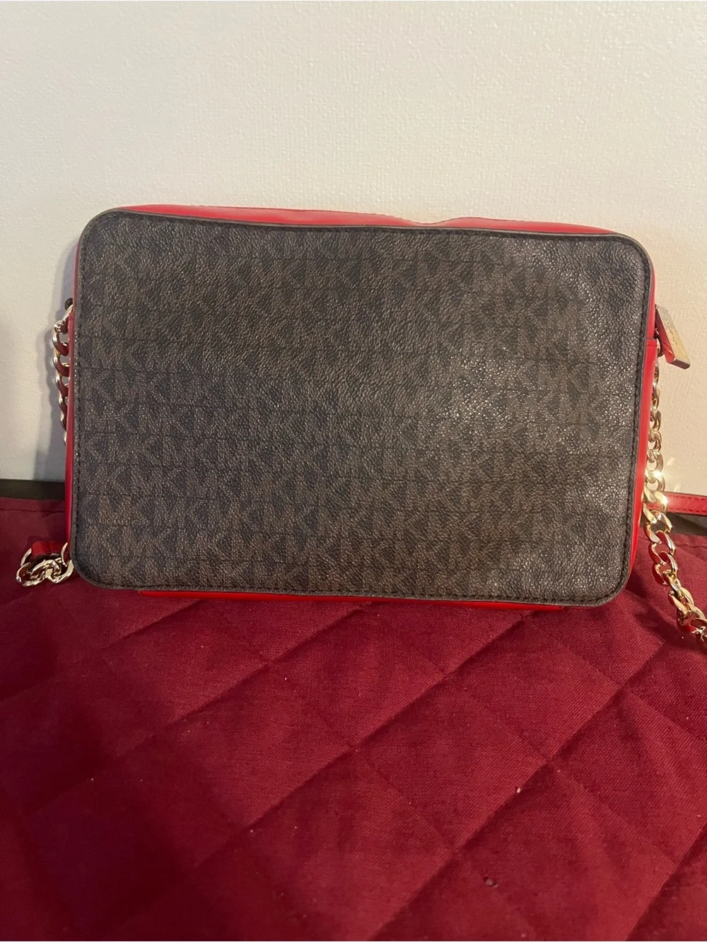 Michael Kors Brown Signature Crossbody with Red and Black Stripe
